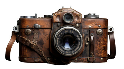 Vintage camera with leather strap hanging against a rustic backdrop - Powered by Adobe