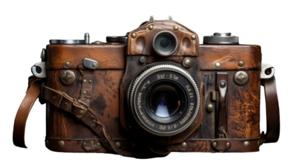 Vintage camera with leather strap hanging against a rustic backdrop