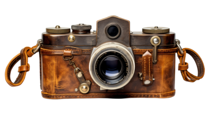 A weathered leather-encased old-fashioned camera sits elegantly, capturing memories of a bygone era