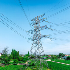 High voltage electricity tower and farm