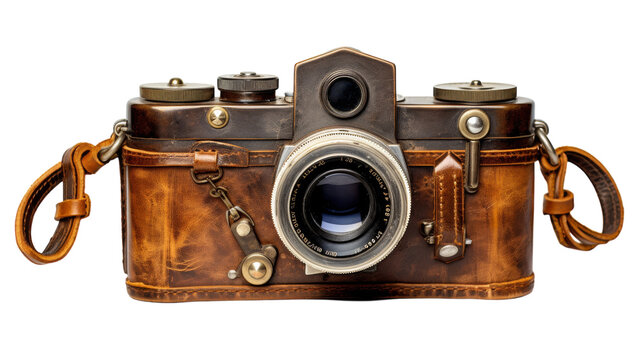 A weathered leather-encased old-fashioned camera sits elegantly, capturing memories of a bygone era