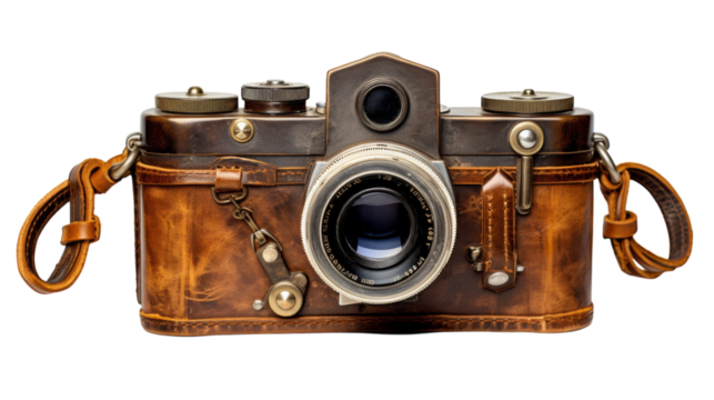 A weathered leather-encased old-fashioned camera sits elegantly, capturing memories of a bygone era