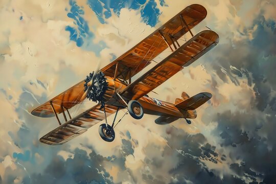 Bring the spirit of adventure to life through aviation milestones at eye level, with a hint of street art charm Imagine a classic biplane flying past a graffiti-covered wall, merging past and present