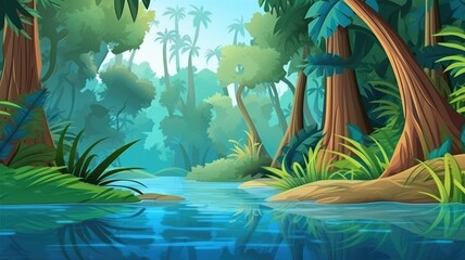 Tranquil Jungle River Oasis Illustration