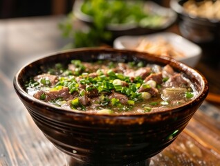 Beef Pho Noodle Soup Close-Up Vietnamese Food Dining Dinner Blurred Background Image	
