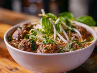 Beef Pho Noodle Soup Close-Up Vietnamese Food Dining Dinner Blurred Background Image	
