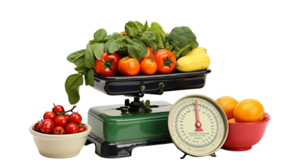 A scale measures the weight of a colorful array of fruit and vegetables in a lush display