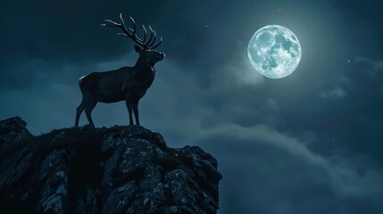 Craft a scene of a majestic stag standing defiantly atop a rocky cliff, commanding attention with its imposing antlers silhouetted against the moonlit sky, symbolizing authority and courage