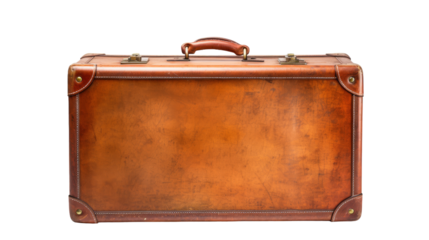 A luxurious brown leather suitcase rests elegantly on a stark white background