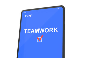 Electronic tablet with calendar app and text TEAMWORK. Scheduling concept, deadline control. 3D illustration.