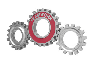 Spinning gears text TEAMWORK. Interaction concept. 3D illustration.