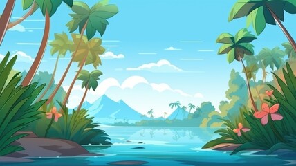 Fototapeta na wymiar Tropical Island Cartoon Paradise