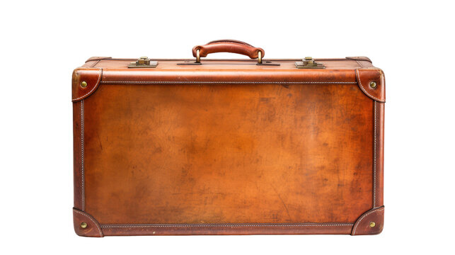 A luxurious brown leather suitcase rests elegantly on a stark white background