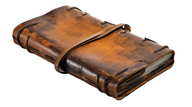 A brown leather journal with a strap, ready to hold the stories of time