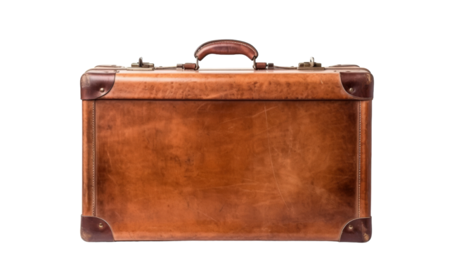 A brown suitcase rests elegantly on a white background