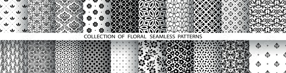 Aufkleber Geometric floral set of seamless patterns. White and black vector backgrounds. Damask graphic ornaments.