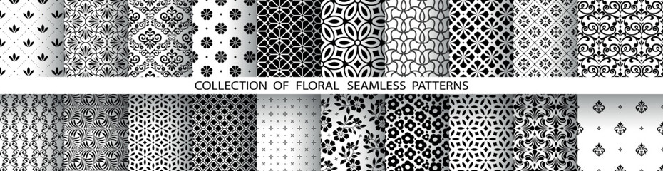 Geometric floral set of seamless patterns. White and black vector backgrounds. Damask graphic ornaments.