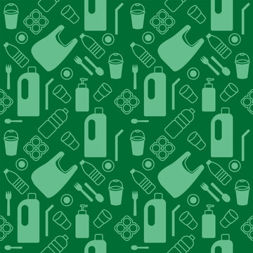 Seamless pattern with plastic waste, empty bottles, plastic bags and containers.