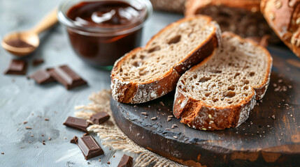 Fresh bread with tasty chocolate paste on table