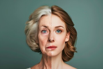 Naklejka premium Proactive aging strategies include premature aging prevention, facial halves care, and active ageing skincare.