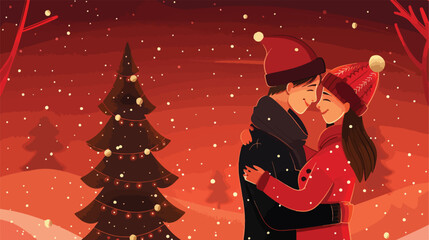 Young couple with Christmas tree on red background Vector