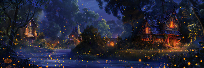 llustration of a beautiful dwarf village at night, filled with the light of fireflies