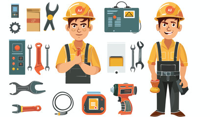 Young electrician with tools on white background Vector