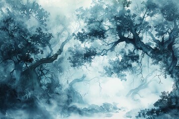Illustrate a surreal dreamscape of a tranquil forest enveloped in mist, where ancient trees sway in harmony with a mystical melody in a watercolor technique Infuse the scene with a sense of calm throu