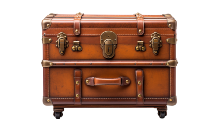 A brown suitcase rests upon a rustic wooden table, awaiting its next adventure