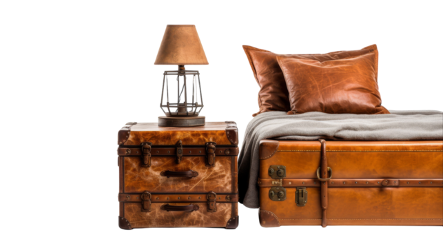 Bed with two suitcases and lamp on top