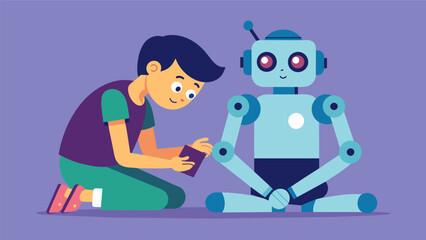 Fototapeta premium A robot designed to mimic and assist with repetitive behaviors commonly seen in individuals with OCD helps a child with the disorder feel understood. Vector illustration