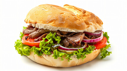 Fresh doner kebab in bun on white background