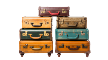 A creative arrangement of suitcases stacked on top of each other