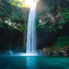 Majestic Waterfall Cascading into Serene Crystal Clear Pool in Lush Tropical Rainforest Landscape