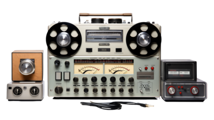 A vintage radio surrounded by retro electronic equipment