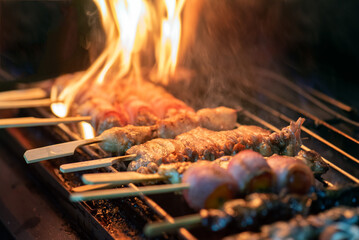 A photo of some meat skewers being grilled over an open flame.