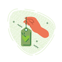 Vector flat illustration on the theme of energy. A hand holds a label from recycled material.
