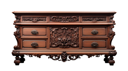 A wooden dresser adorned with intricate carvings, exuding a sense of enchantment and elegance