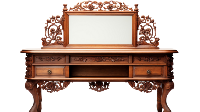 A wooden desk adorned with a mirror, reflecting the surrounding space