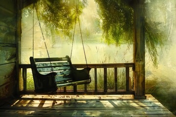 A wooden porch swing gently rocks back and forth, camera zooming in to capture rhythmic creaks, a soft breeze rustling the nearby willow tree, its long leaves brushing against the porch, the sun dippi