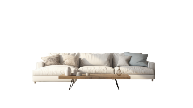 A white couch defying gravity, perched gracefully atop a wooden table