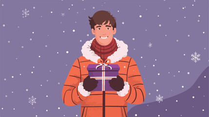 Young man in warm puffer jacket with Christmas gift 