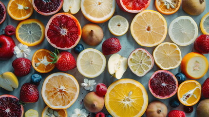 close up many halved fruit, colorful
