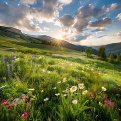 Fototapeta premium Magical Sunrise Over Blooming Wildflower Meadow in Scenic Mountain Landscape