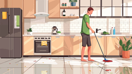 Young man mopping floor in kitchen Vector style vector - obrazy, fototapety, plakaty