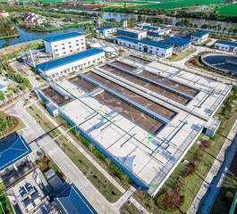 Aerial view of water plant purification tank in the city