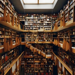 Obraz premium Vast Wooden Library Shelves Reaching Towards Infinite Knowledge