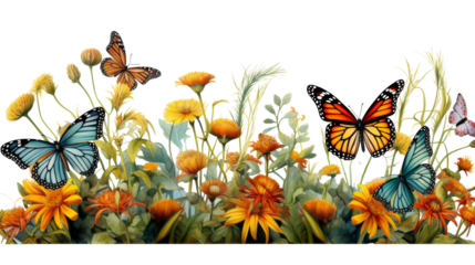 A colorful group of butterflies gracefully flies over a vibrant field of blooming flowers