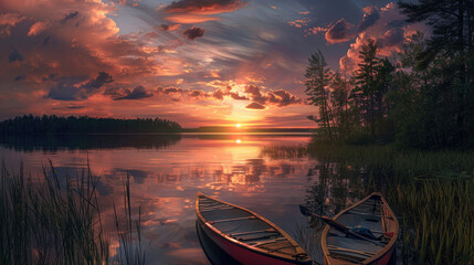 Kayaks Adrift on the Calm Waters of a Sunset Lake