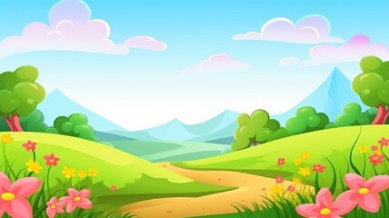 Sunny Countryside Landscape with Rolling Hills and Lush Trees